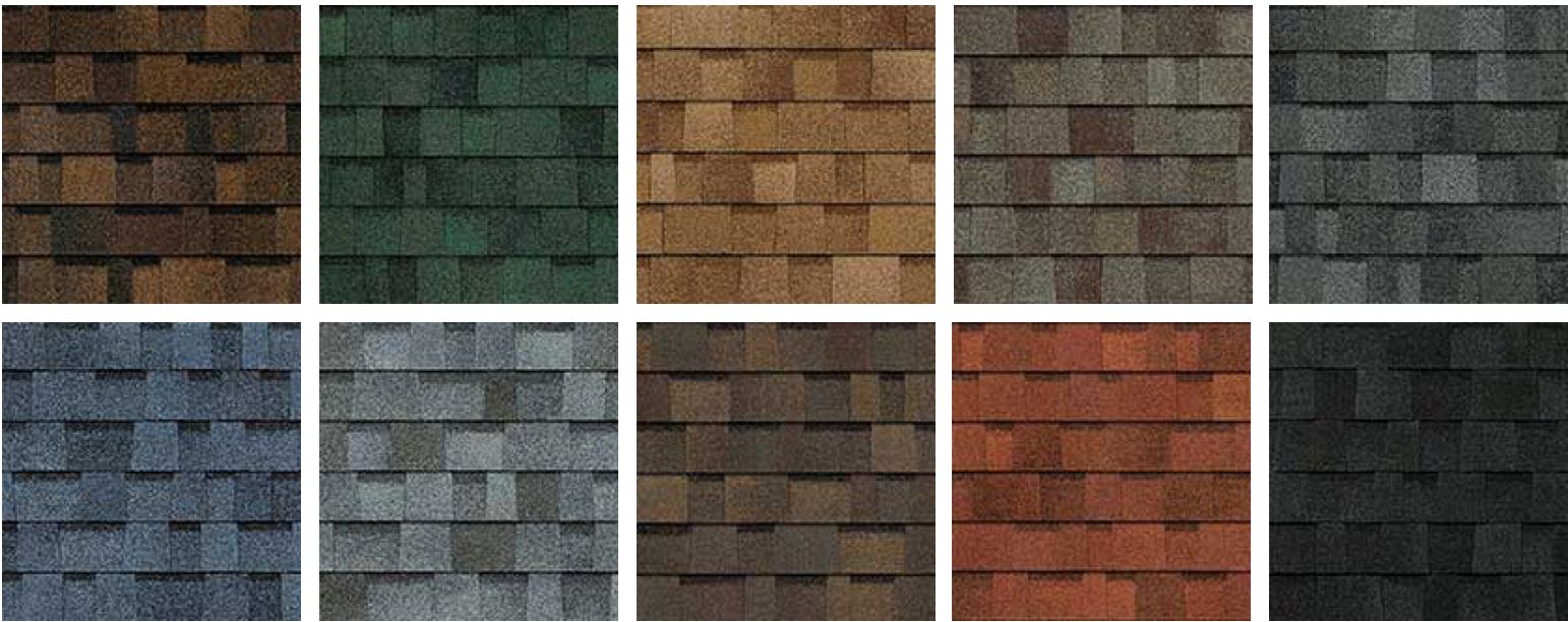 Assorted asphalt shingle samples in various colors at CoMitted Roofing & exteriors in St Cloud. 