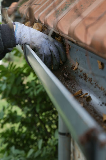 Hand cleaning gutters filled with leaves and debris.